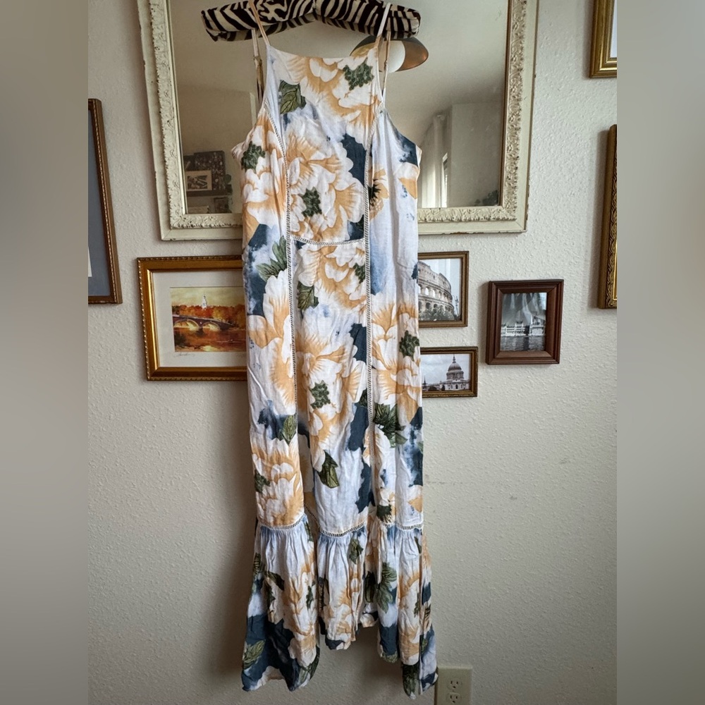Anthropologie White Maxi Dress with Yellow Floral Print and Green Accents